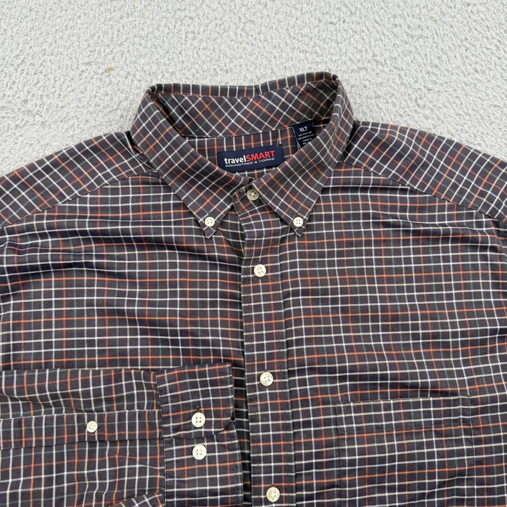 Roundtree & Yorke TravelSmart Button Down Shirt Mens XLT Black Plaid Long Sleeve